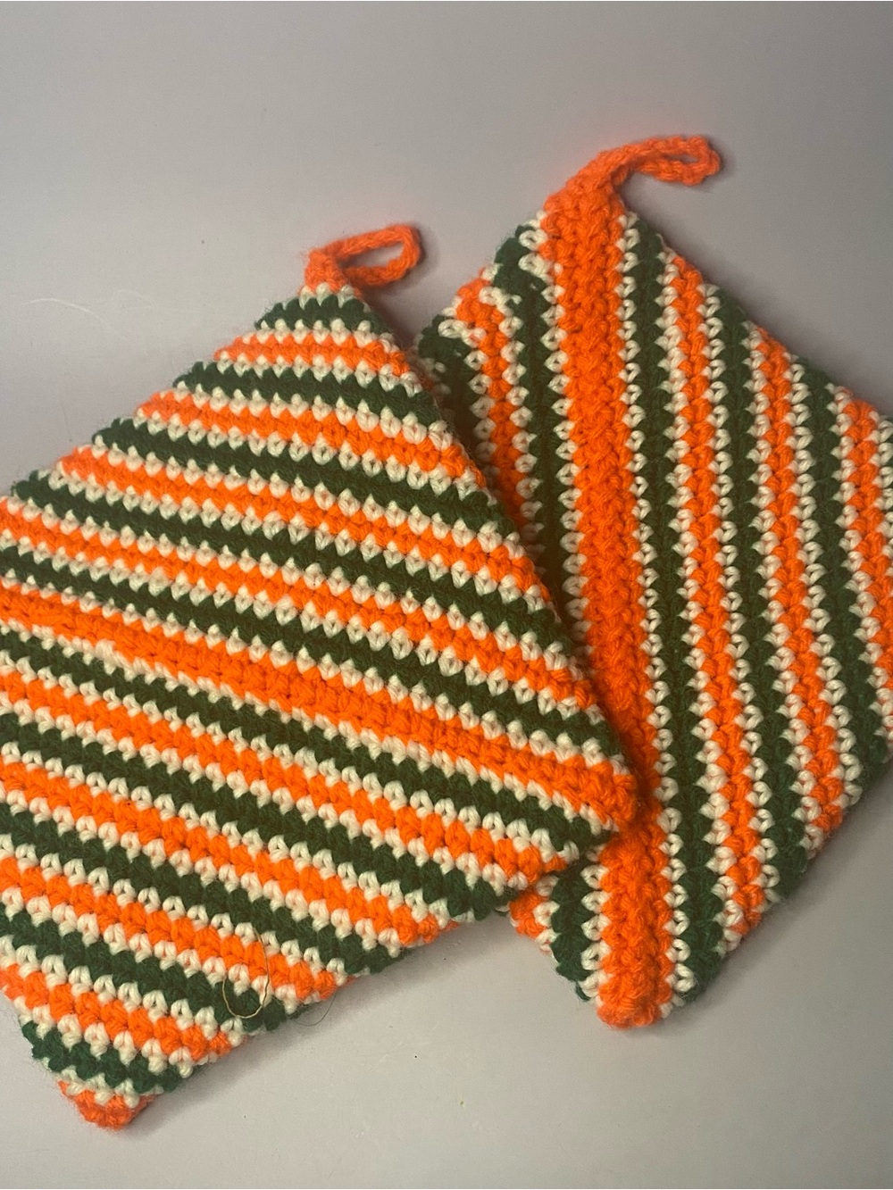 Handmade Crochet Pot Holders in Orange, Green & Cream 1970’s Retro Design